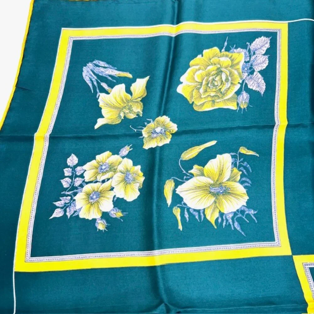 Unused Italy Scarf Franchino Silk Teal Blue Gold Purple Floral 31" x31" (23 - Picture 6 of 10